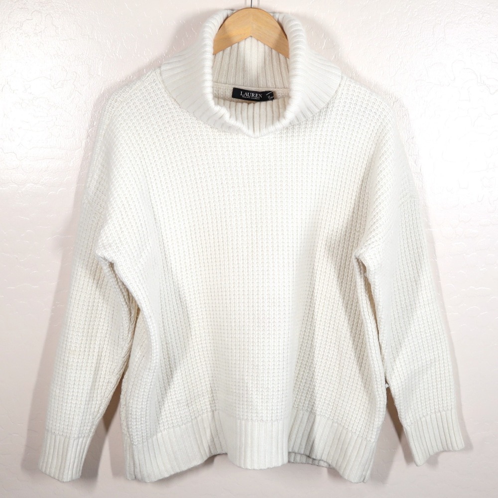 Lauren Ralph Lauren Black Label Wool Cream Waffle Knit Turtleneck Sweater XL